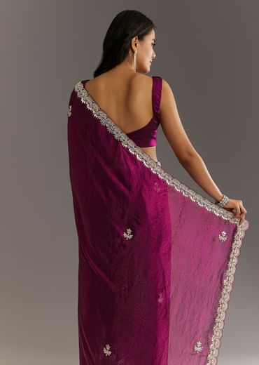 Wine Satin Embroidered Saree With Gota Patti And Zardosi Work