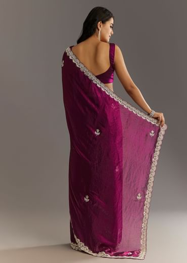 Wine Satin Embroidered Saree With Gota Patti And Zardosi Work
