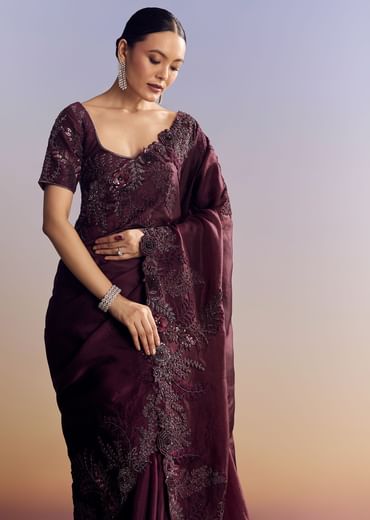 Wine Satin Saree With Heavy Floral Embroidery In Sequins And Cutdana