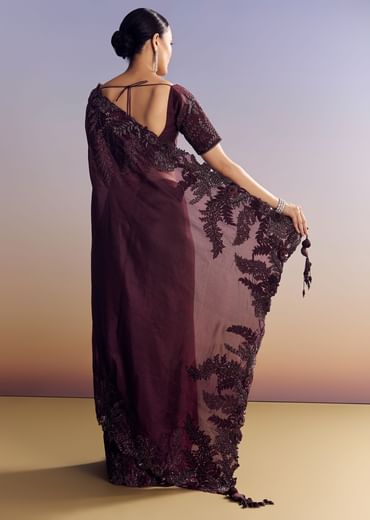 Wine Satin Saree With Heavy Floral Embroidery In Sequins And Cutdana