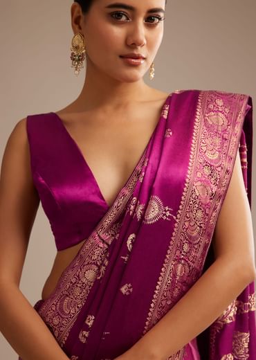 Wine Satin Saree With Zari Woven Work