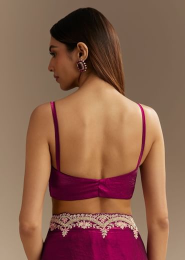 Wine Satin Sequins Saree With Zardosi Cutdana Embroidery And Scallop Border