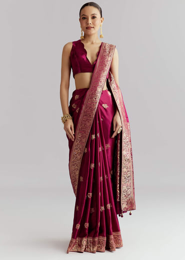 Wine Satin Silk Woven Saree With Heavy Zari Embroidery