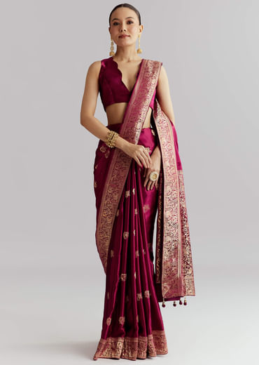 Wine Satin Silk Woven Saree With Heavy Zari Embroidery