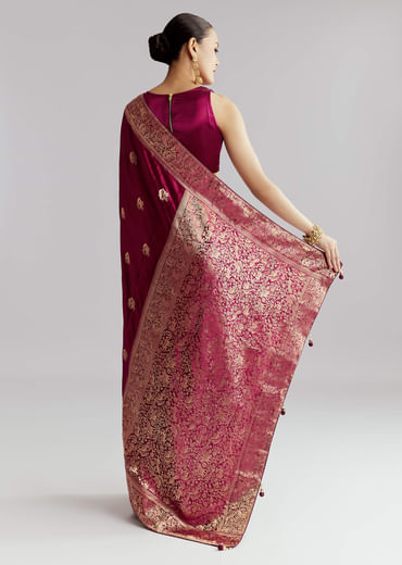 Wine Satin Silk Woven Saree With Heavy Zari Embroidery