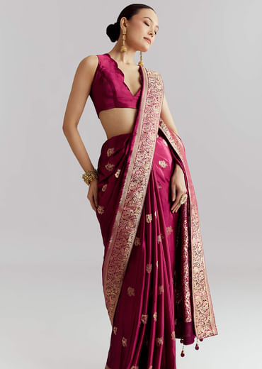 Wine Satin Silk Woven Saree With Heavy Zari Embroidery