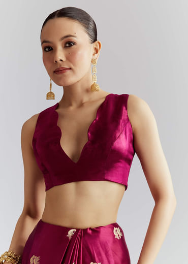 Wine Satin Silk Woven Saree With Heavy Zari Embroidery