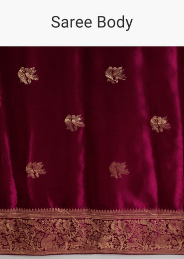 Wine Satin Silk Woven Saree With Heavy Zari Embroidery