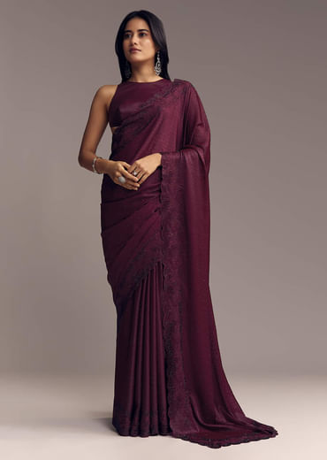 Wine Scallop Embellished Chinon Saree With Stones