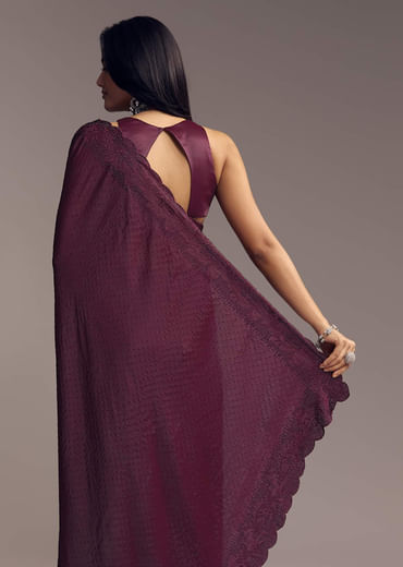 Wine Scallop Embellished Chinon Saree With Stones