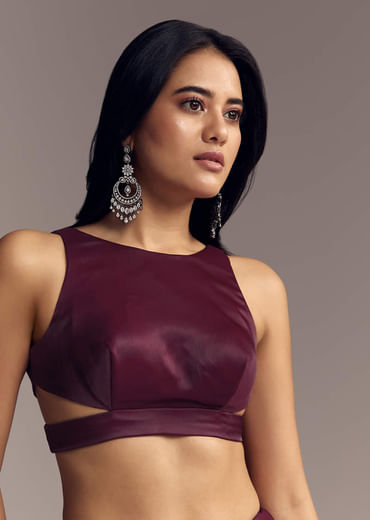 Wine Scallop Embellished Chinon Saree With Stones