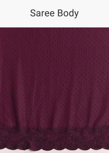 Wine Scallop Embellished Chinon Saree With Stones