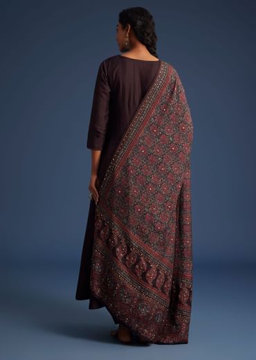 Wine Silk Anarkali Set With Ajrakh Print Dupatta