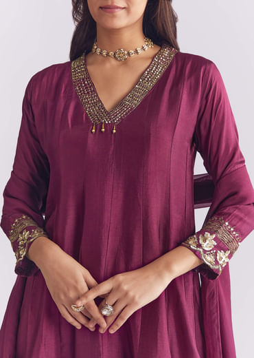 Wine Silk Anarkali Suit With Sequins And Cutdana Work
