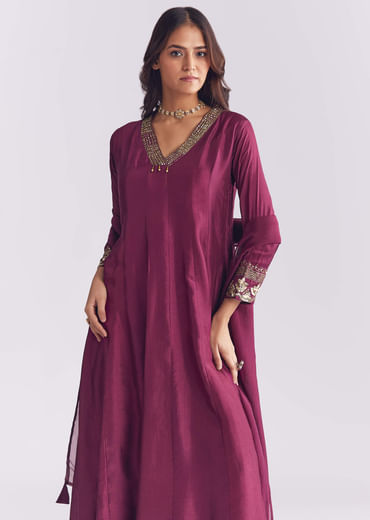 Wine Silk Anarkali Suit With Sequins And Cutdana Work