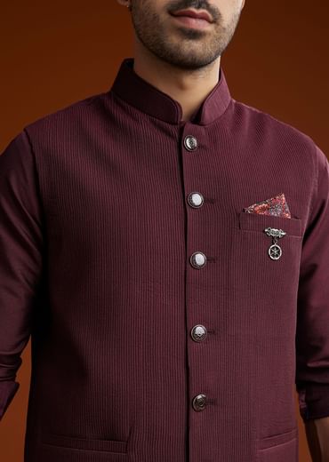 Wine Silk Kurta Jacket Set With Pintucks Detailing