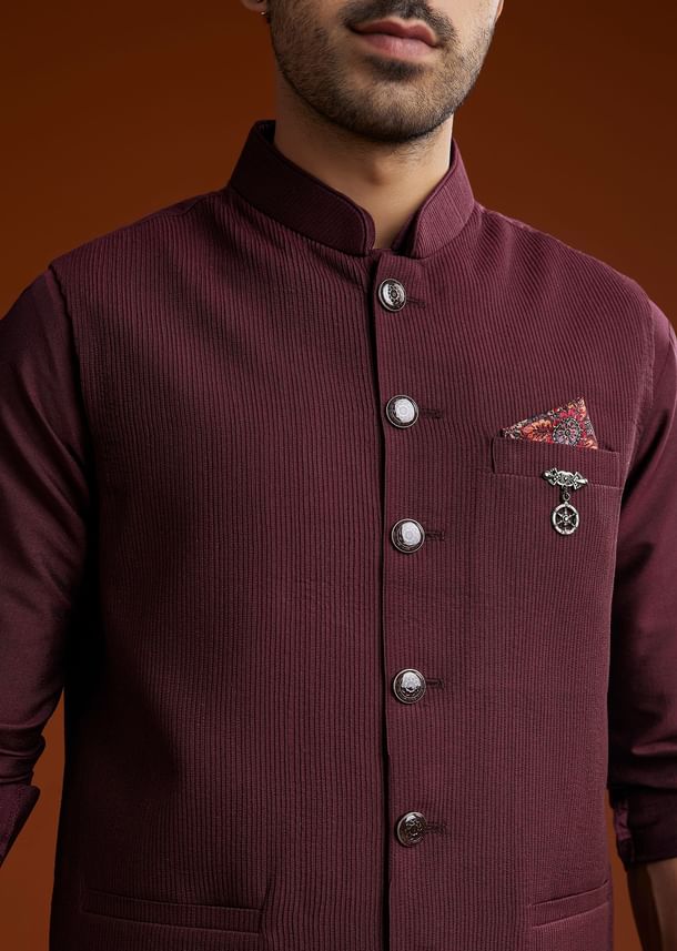 Wine Silk Kurta Jacket Set With Pintucks Detailing