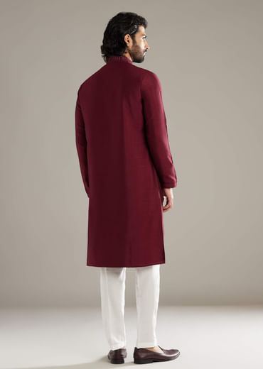 Wine Silk Kurta Set For Men With Mirror Work