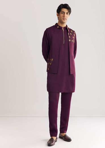 Wine Suiting Jacket Kurta Set With Metal Accents