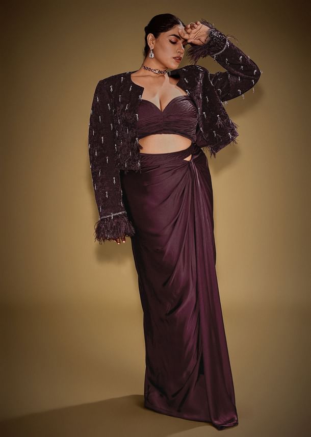 Wine Tassel Embroidered Blazer Set With Bustier And Drape Skirt