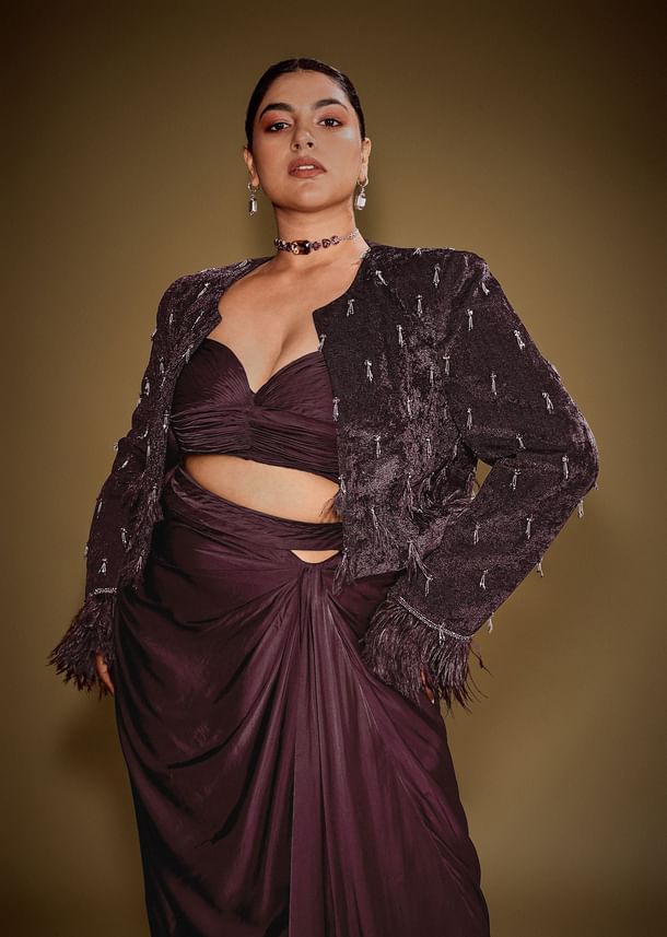 Wine Tassel Embroidered Blazer Set With Bustier And Drape Skirt