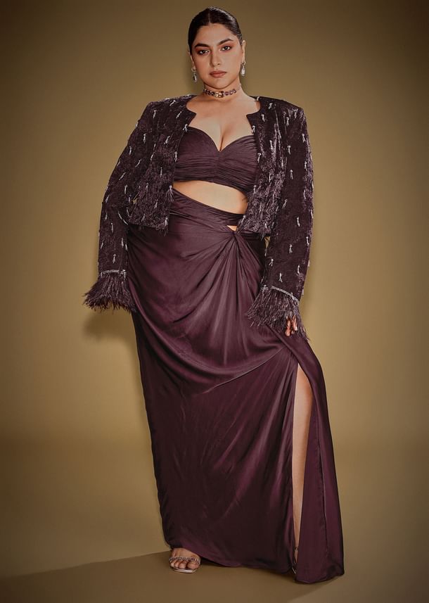 Wine Tassel Embroidered Blazer Set With Bustier And Drape Skirt