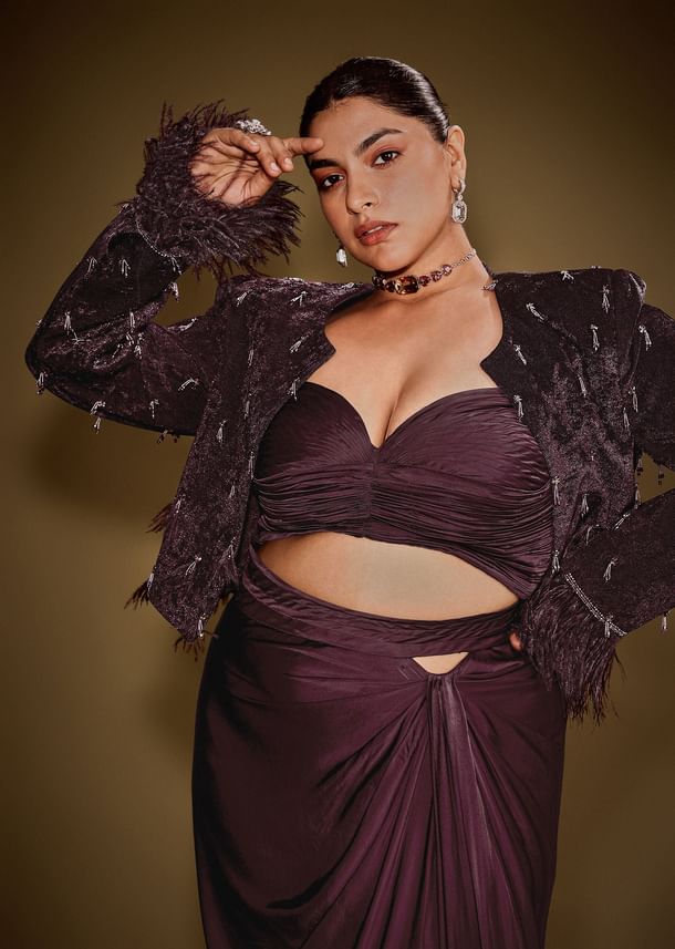 Wine Tassel Embroidered Blazer Set With Bustier And Drape Skirt