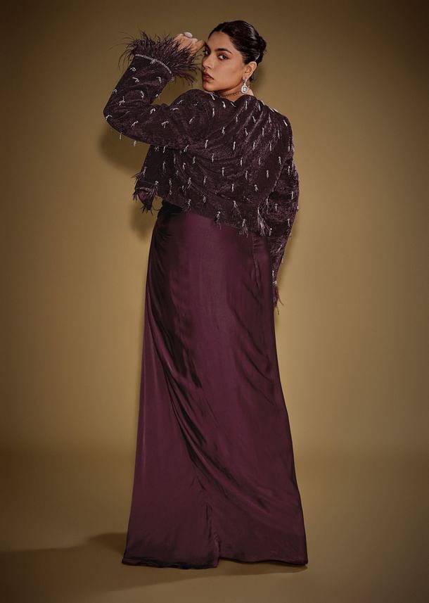 Wine Tassel Embroidered Blazer Set With Bustier And Drape Skirt