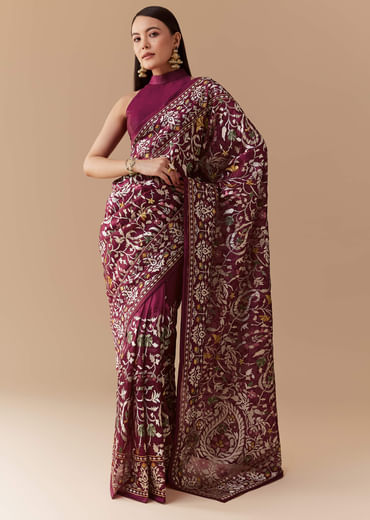 Wine Tissue Organza Embroidered Saree with Unstitched Blouse