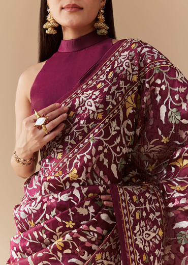 Wine Tissue Organza Embroidered Saree with Unstitched Blouse