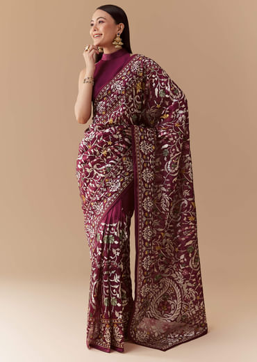 Wine Tissue Organza Embroidered Saree with Unstitched Blouse