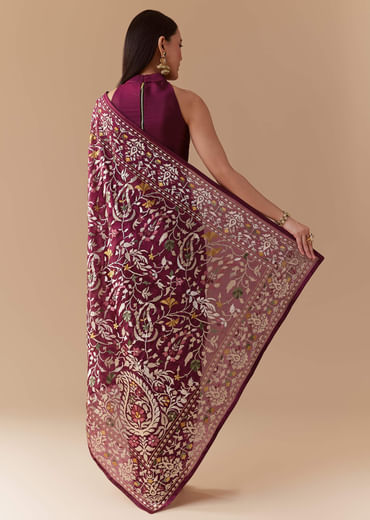 Wine Tissue Organza Embroidered Saree with Unstitched Blouse