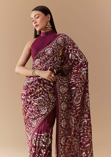 Wine Tissue Organza Embroidered Saree with Unstitched Blouse