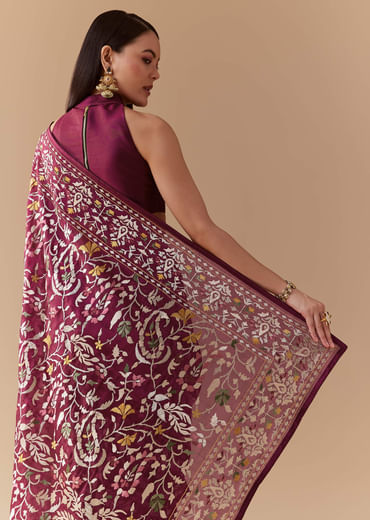 Wine Tissue Organza Embroidered Saree with Unstitched Blouse