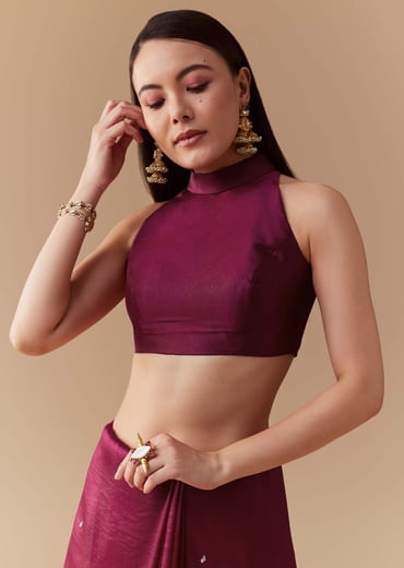 Wine Tissue Organza Embroidered Saree with Unstitched Blouse