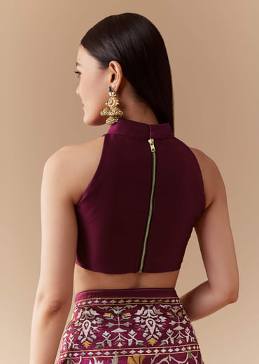 Wine Tissue Organza Embroidered Saree with Unstitched Blouse