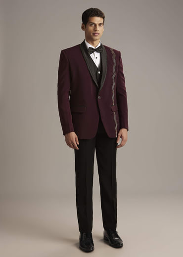 Wine Tuxedo For Men With Cutdana Embroidery