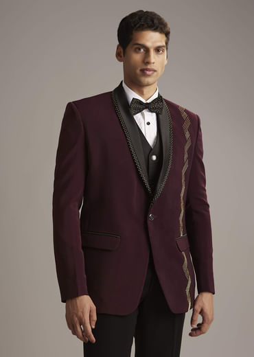 Wine Tuxedo For Men With Cutdana Embroidery