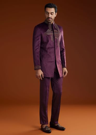 Wine Velvet Jodhpuri Kurta Trouser Set With Zari Embroidery