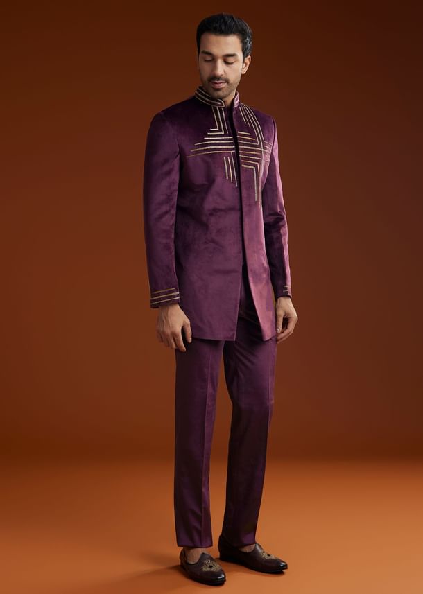 Wine Velvet Jodhpuri Kurta Trouser Set With Zari Embroidery