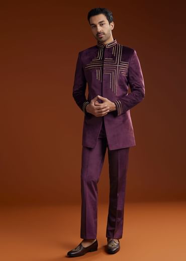 Wine Velvet Jodhpuri Kurta Trouser Set With Zari Embroidery