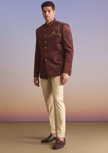 Wine Velvet Jodhpuri Suit For Men With Metal And Zari Embroidery