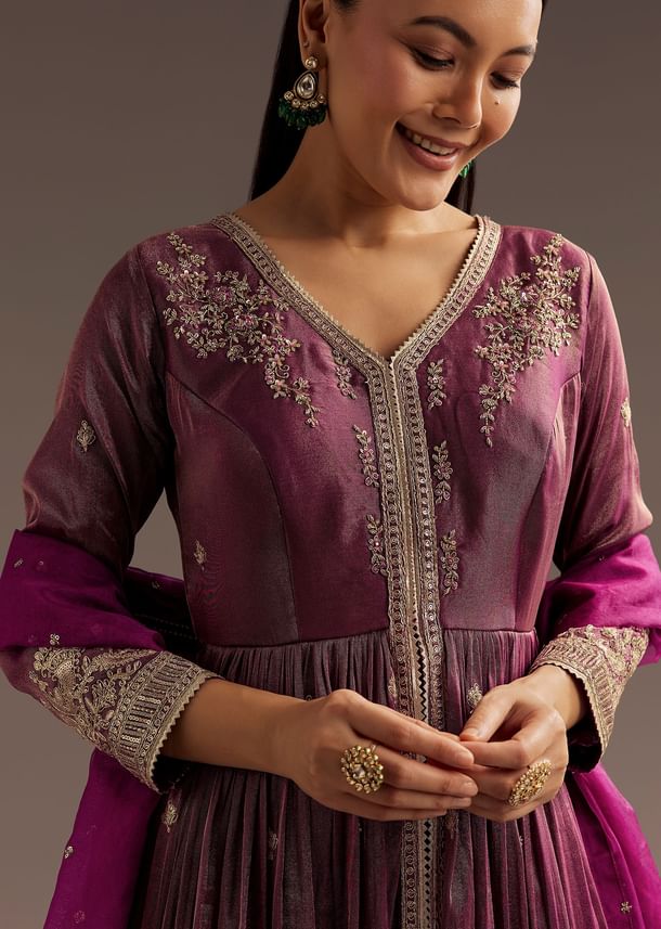 Wine Zardosi Sequins Anarkali Pant Dupatta Set