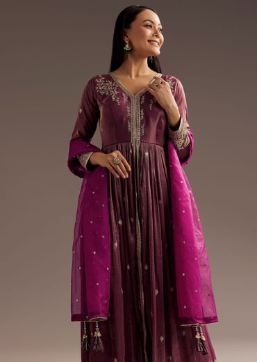 Wine Zardosi Sequins Anarkali Pant Dupatta Set