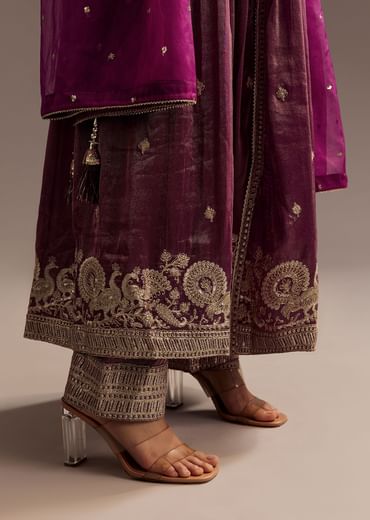 Wine Zardosi Sequins Anarkali Pant Dupatta Set