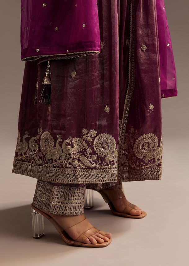 Wine Zardosi Sequins Anarkali Pant Dupatta Set