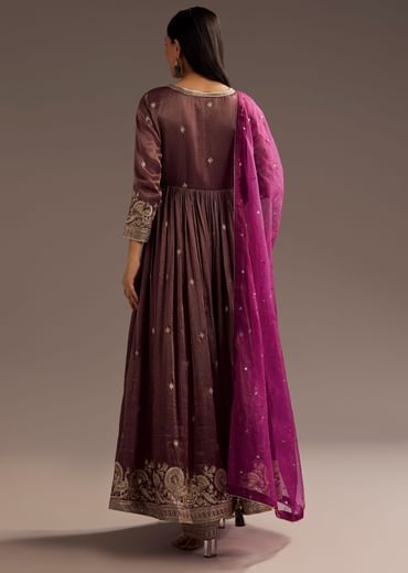 Wine Zardosi Sequins Anarkali Pant Dupatta Set