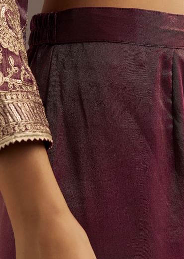 Wine Zardosi Sequins Anarkali Pant Dupatta Set