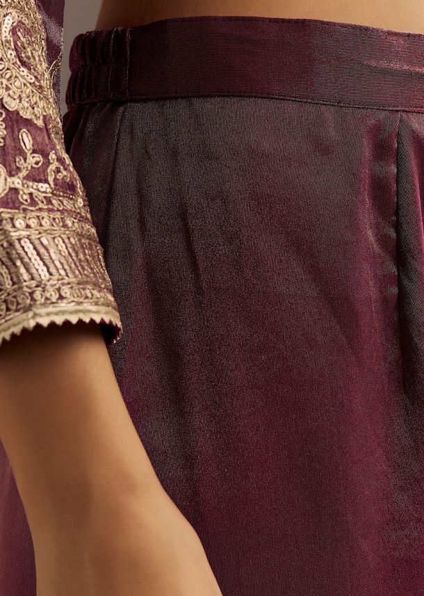 Wine Zardosi Sequins Anarkali Pant Dupatta Set