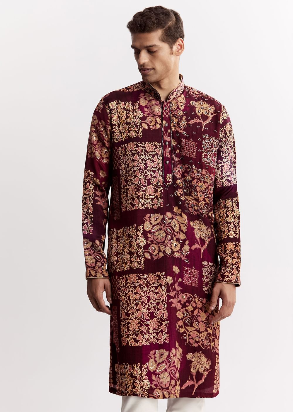 Wine Chanderi Kurta Set With Stone Sequins And Cutdana Work